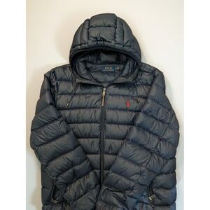 Polo Ralph Lauren Men's XL Down Puffer Jacket Navy Hooded Red Pony Coat Full Zip